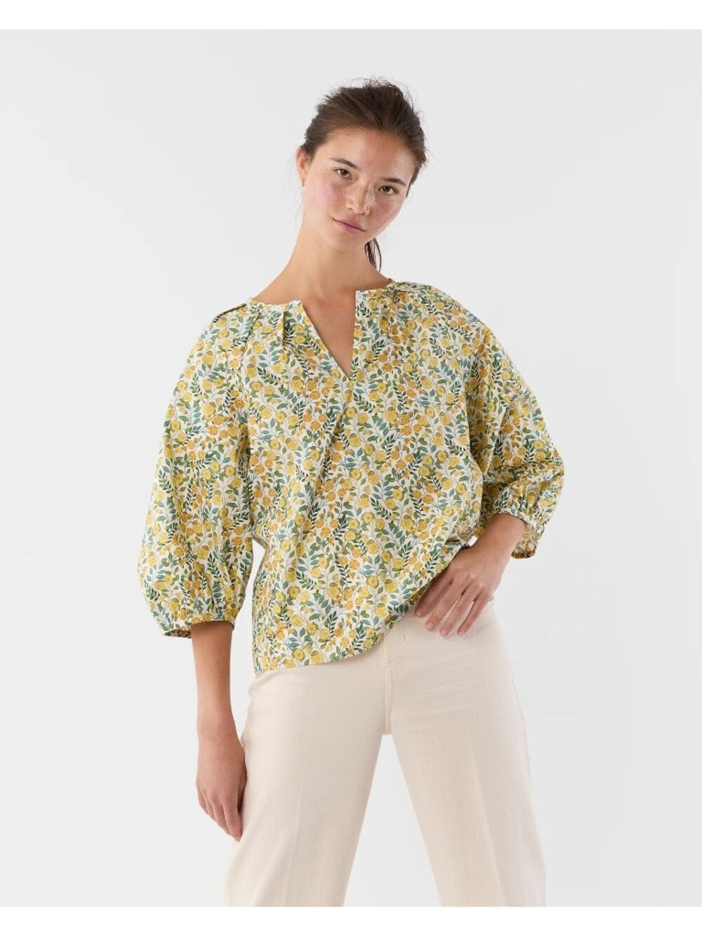 Ann Mashburn Sz M Victoria Blouse Yellow Liberty London Floral EUC